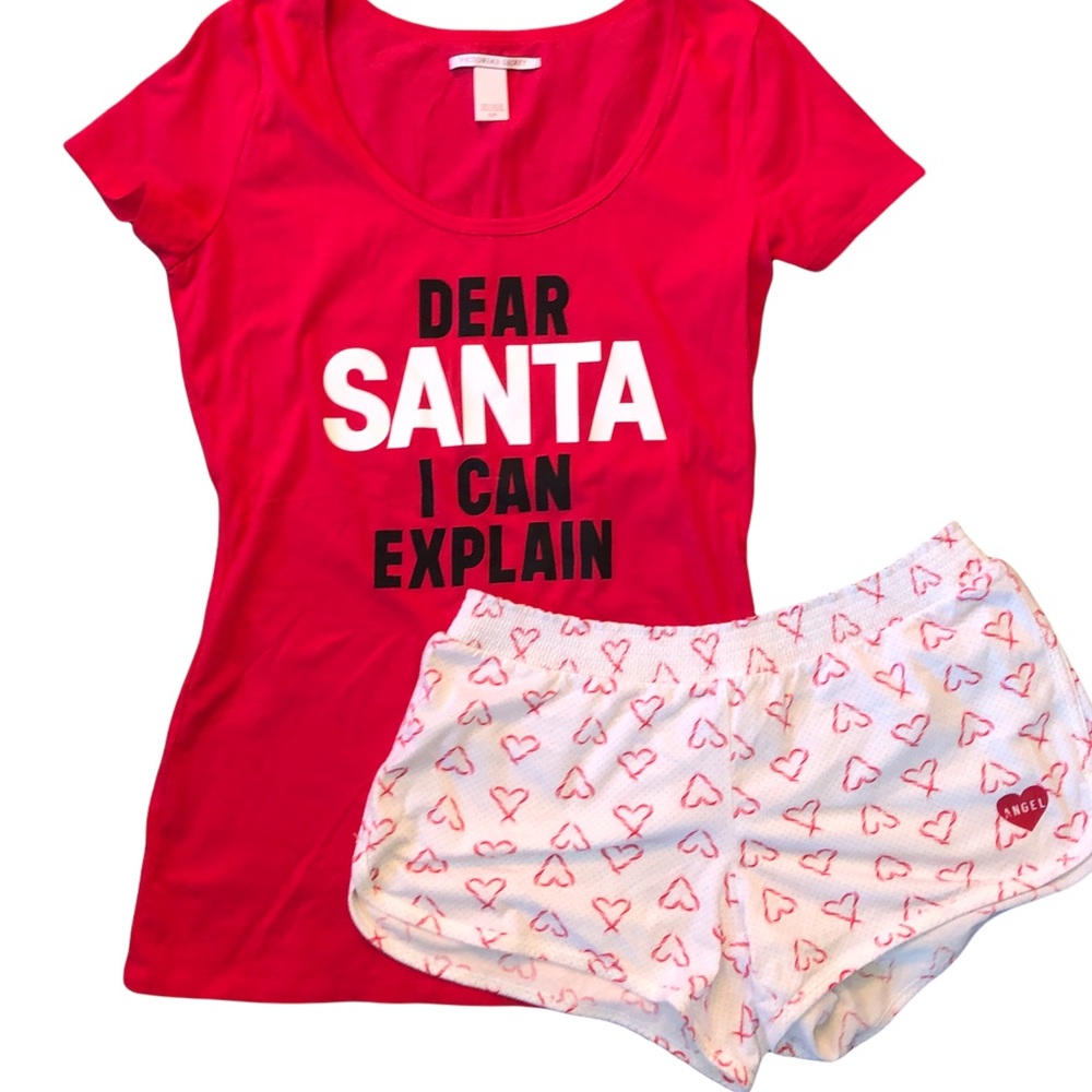 Victoria’s Secret 2 pc Christmas pajama set small red white shorts tee